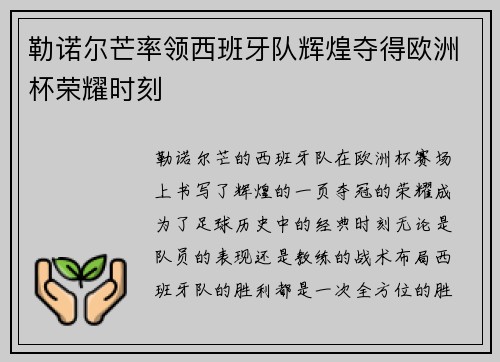 勒诺尔芒率领西班牙队辉煌夺得欧洲杯荣耀时刻