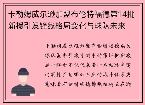 卡勒姆威尔逊加盟布伦特福德第14批新援引发锋线格局变化与球队未来